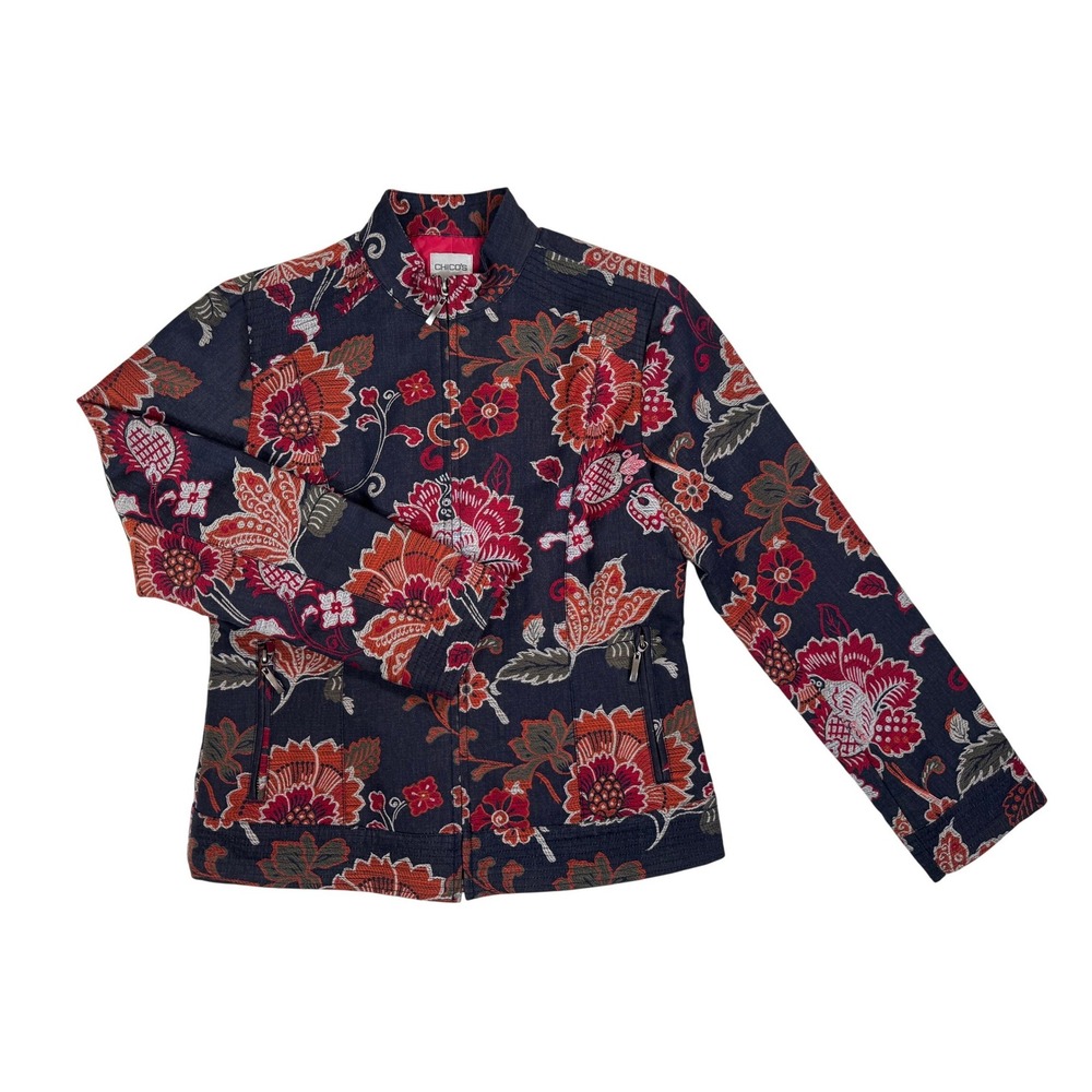 Chicos Size 0 Floral Tapestry Full Zip‎ Jacket Navy Blue Red Cotton Mock Neck